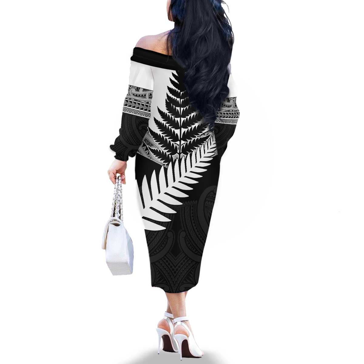 New Zealand Silver Fern Family Matching Off The Shoulder Long Sleeve Dress and Hawaiian Shirt Maori Koru Mixed Taniko Pattern LT9 - Polynesian Pride