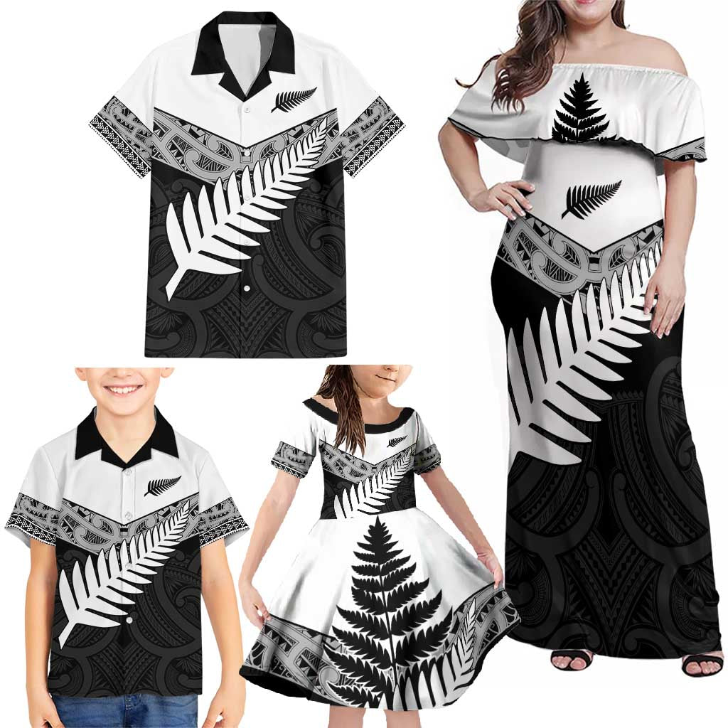 New Zealand Silver Fern Family Matching Off Shoulder Maxi Dress and Hawaiian Shirt Maori Koru Mixed Taniko Pattern LT9 - Polynesian Pride