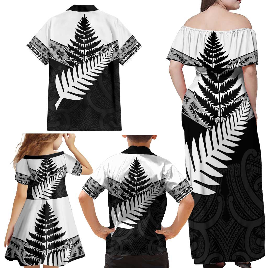 New Zealand Silver Fern Family Matching Off Shoulder Maxi Dress and Hawaiian Shirt Maori Koru Mixed Taniko Pattern LT9 - Polynesian Pride