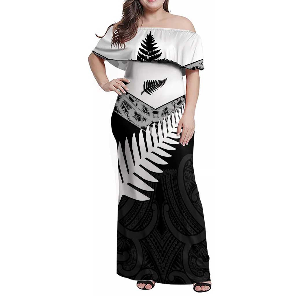 New Zealand Silver Fern Family Matching Off Shoulder Maxi Dress and Hawaiian Shirt Maori Koru Mixed Taniko Pattern LT9 Mom's Dress White - Polynesian Pride
