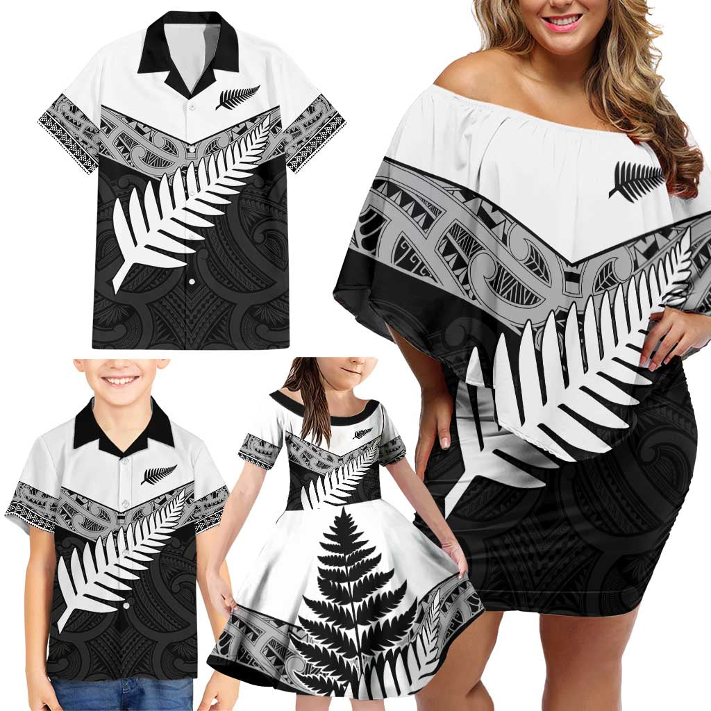 New Zealand Silver Fern Family Matching Off Shoulder Short Dress and Hawaiian Shirt Maori Koru Mixed Taniko Pattern LT9 - Polynesian Pride