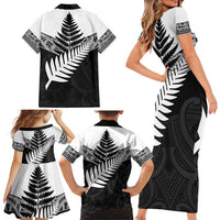 New Zealand Silver Fern Family Matching Short Sleeve Bodycon Dress and Hawaiian Shirt Maori Koru Mixed Taniko Pattern LT9 - Polynesian Pride
