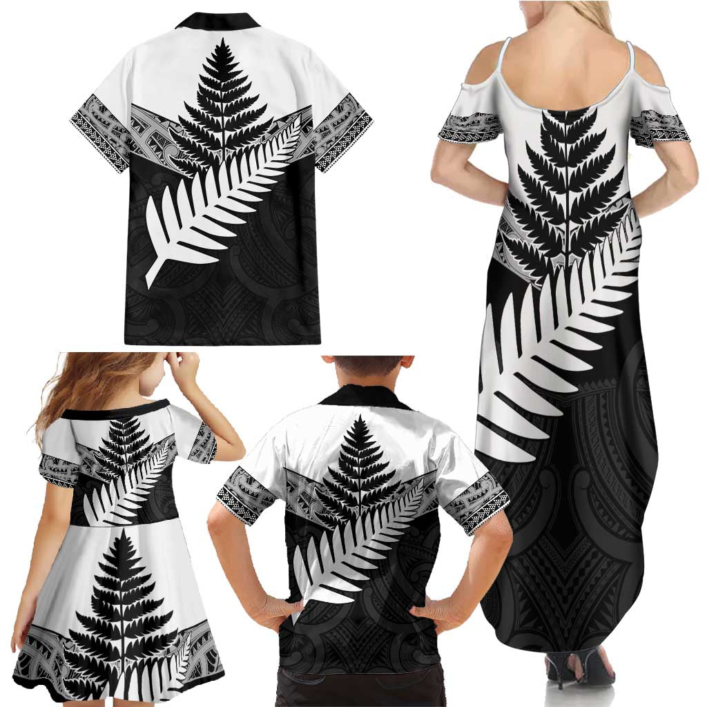 New Zealand Silver Fern Family Matching Summer Maxi Dress and Hawaiian Shirt Maori Koru Mixed Taniko Pattern LT9 - Polynesian Pride