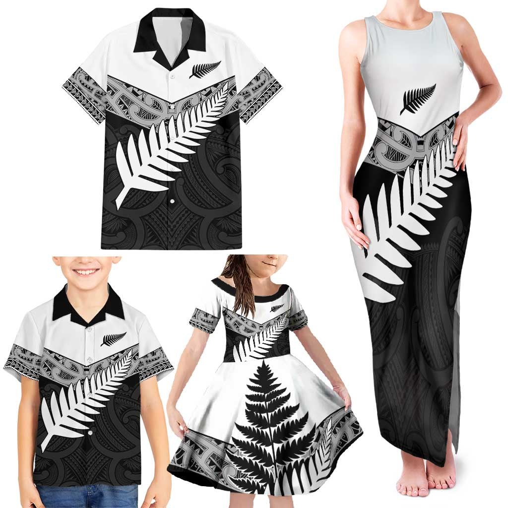 New Zealand Silver Fern Family Matching Tank Maxi Dress and Hawaiian Shirt Maori Koru Mixed Taniko Pattern LT9 - Polynesian Pride