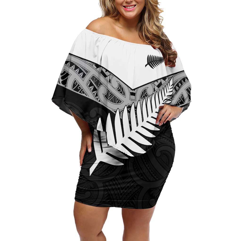 New Zealand Silver Fern Off Shoulder Short Dress Maori Koru Mixed Taniko Pattern LT9 Women White - Polynesian Pride