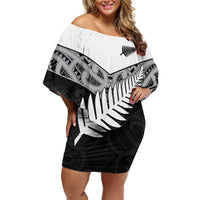 New Zealand Silver Fern Off Shoulder Short Dress Maori Koru Mixed Taniko Pattern LT9 Women White - Polynesian Pride