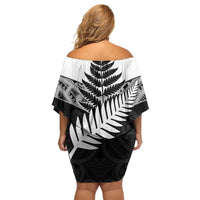 New Zealand Silver Fern Off Shoulder Short Dress Maori Koru Mixed Taniko Pattern LT9 - Polynesian Pride