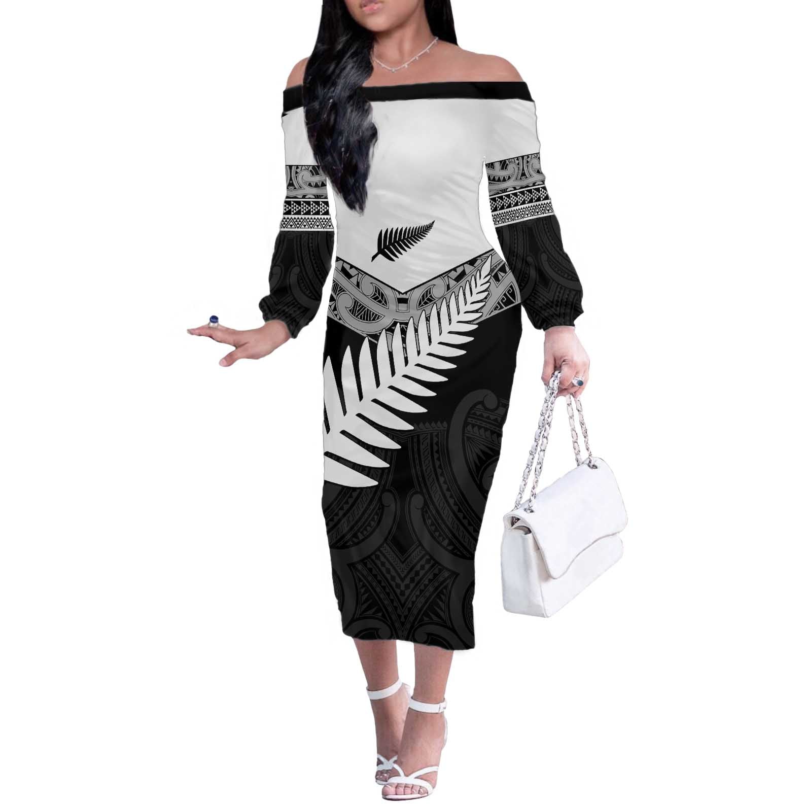 New Zealand Silver Fern Off The Shoulder Long Sleeve Dress Maori Koru Mixed Taniko Pattern LT9 Women White - Polynesian Pride