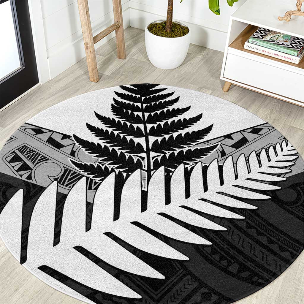 New Zealand Silver Fern Round Carpet Maori Koru Mixed Taniko Pattern LT9 White - Polynesian Pride