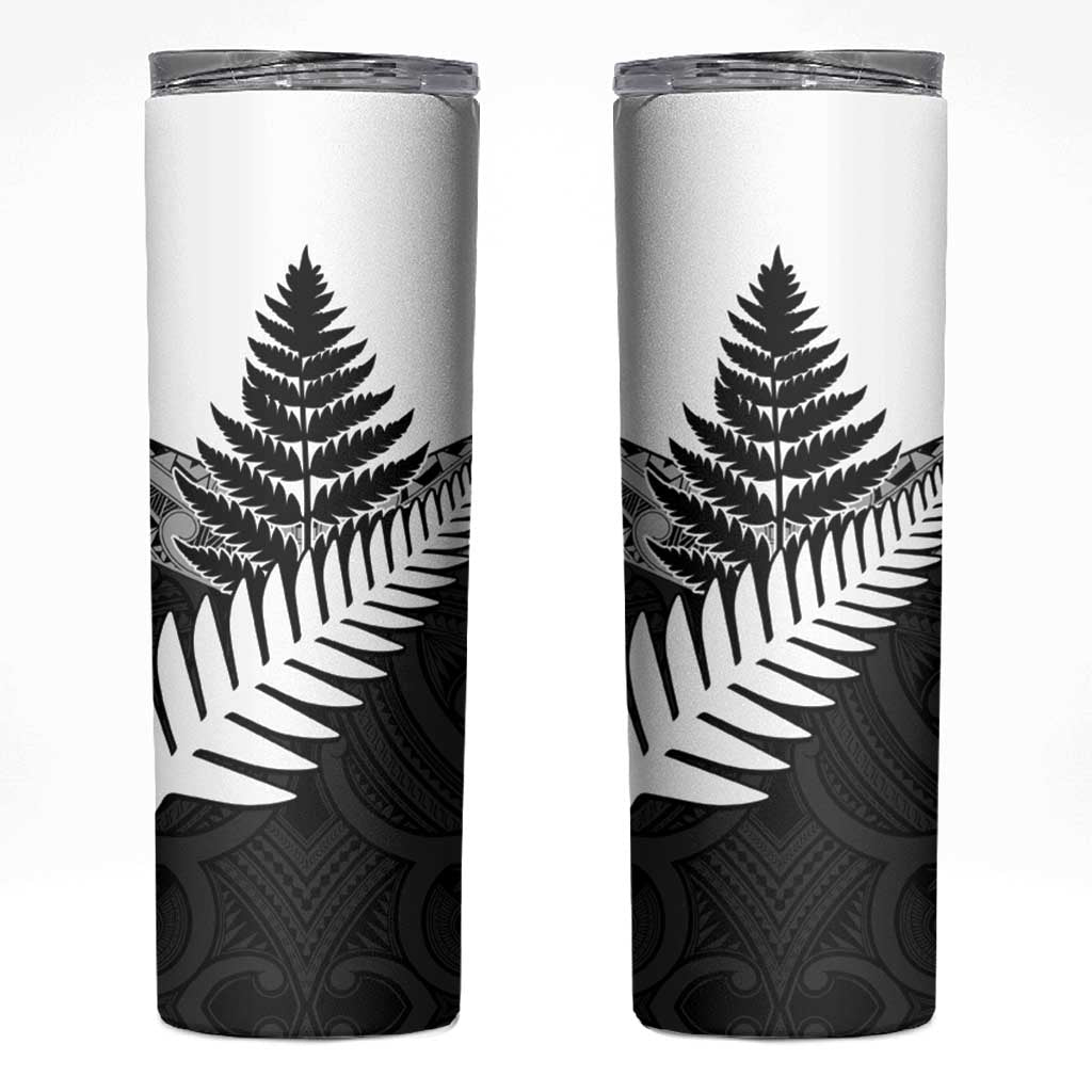New Zealand Silver Fern Skinny Tumbler Maori Koru Mixed Taniko Pattern LT9 White - Polynesian Pride