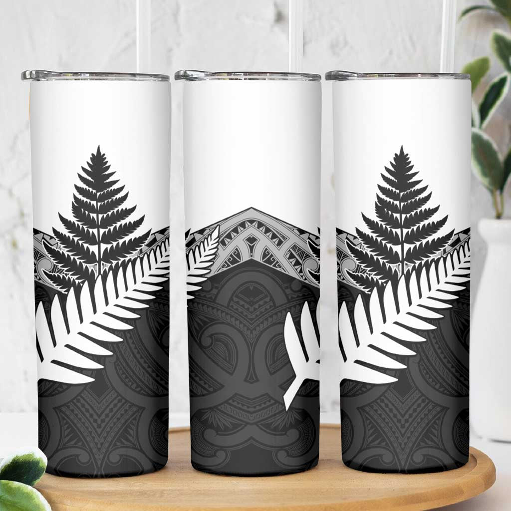 New Zealand Silver Fern Skinny Tumbler Maori Koru Mixed Taniko Pattern LT9 - Polynesian Pride