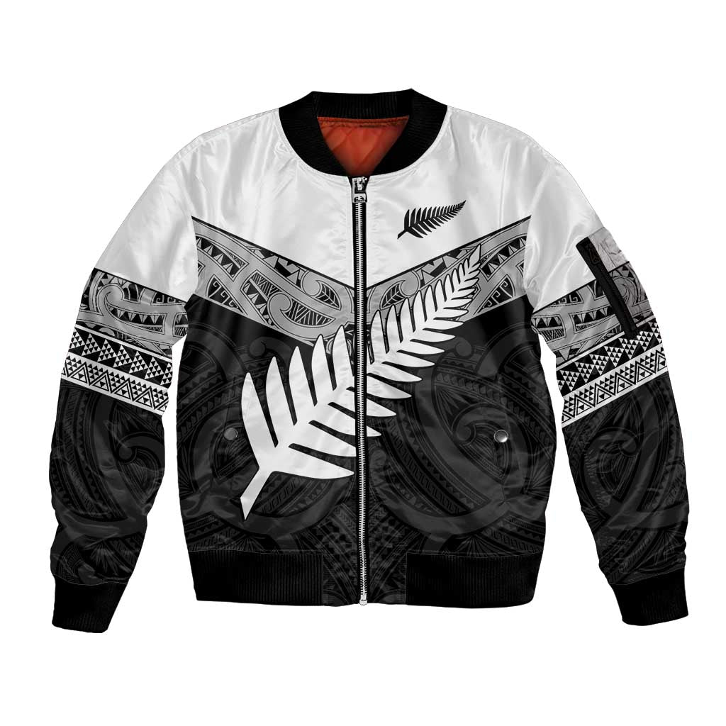 New Zealand Silver Fern Sleeve Zip Bomber Jacket Maori Koru Mixed Taniko Pattern LT9 Unisex White - Polynesian Pride