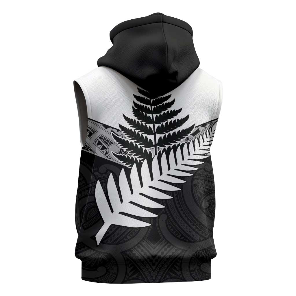 New Zealand Silver Fern Sleeveless Hoodie Maori Koru Mixed Taniko Pattern - Polynesian Pride