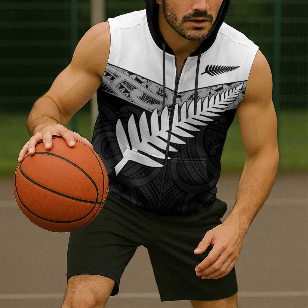 New Zealand Silver Fern Sleeveless Zip Hoodie Maori Koru Mixed Taniko Pattern - Polynesian Pride