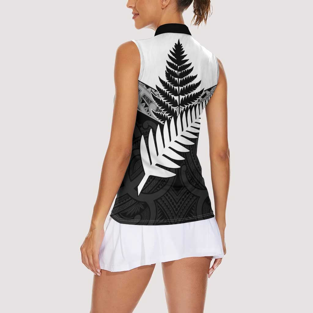 New Zealand Silver Fern Women Sleeveless Polo Shirt Maori Koru Mixed Taniko Pattern LT9 - Polynesian Pride