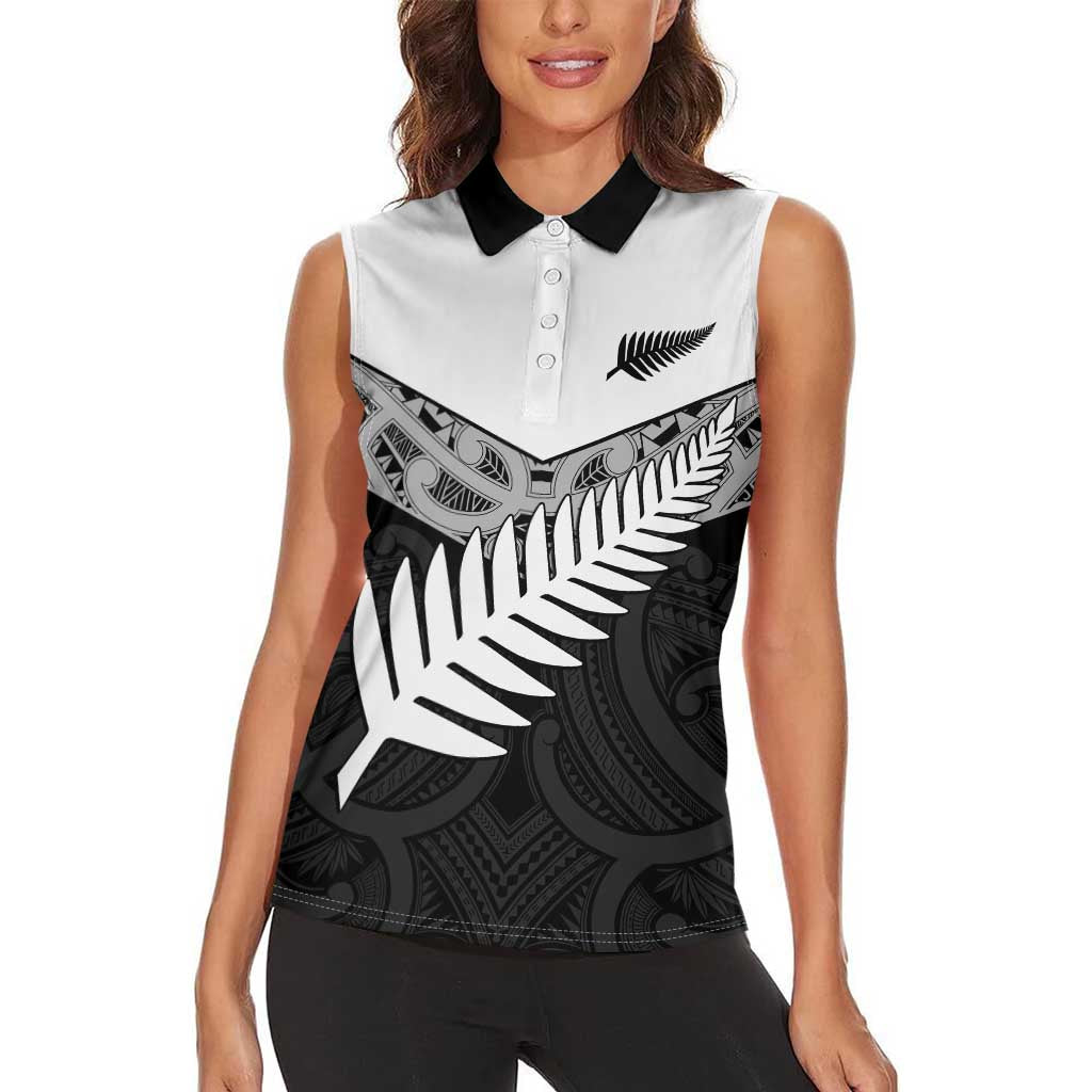 New Zealand Silver Fern Women Sleeveless Polo Shirt Maori Koru Mixed Taniko Pattern LT9 - Polynesian Pride