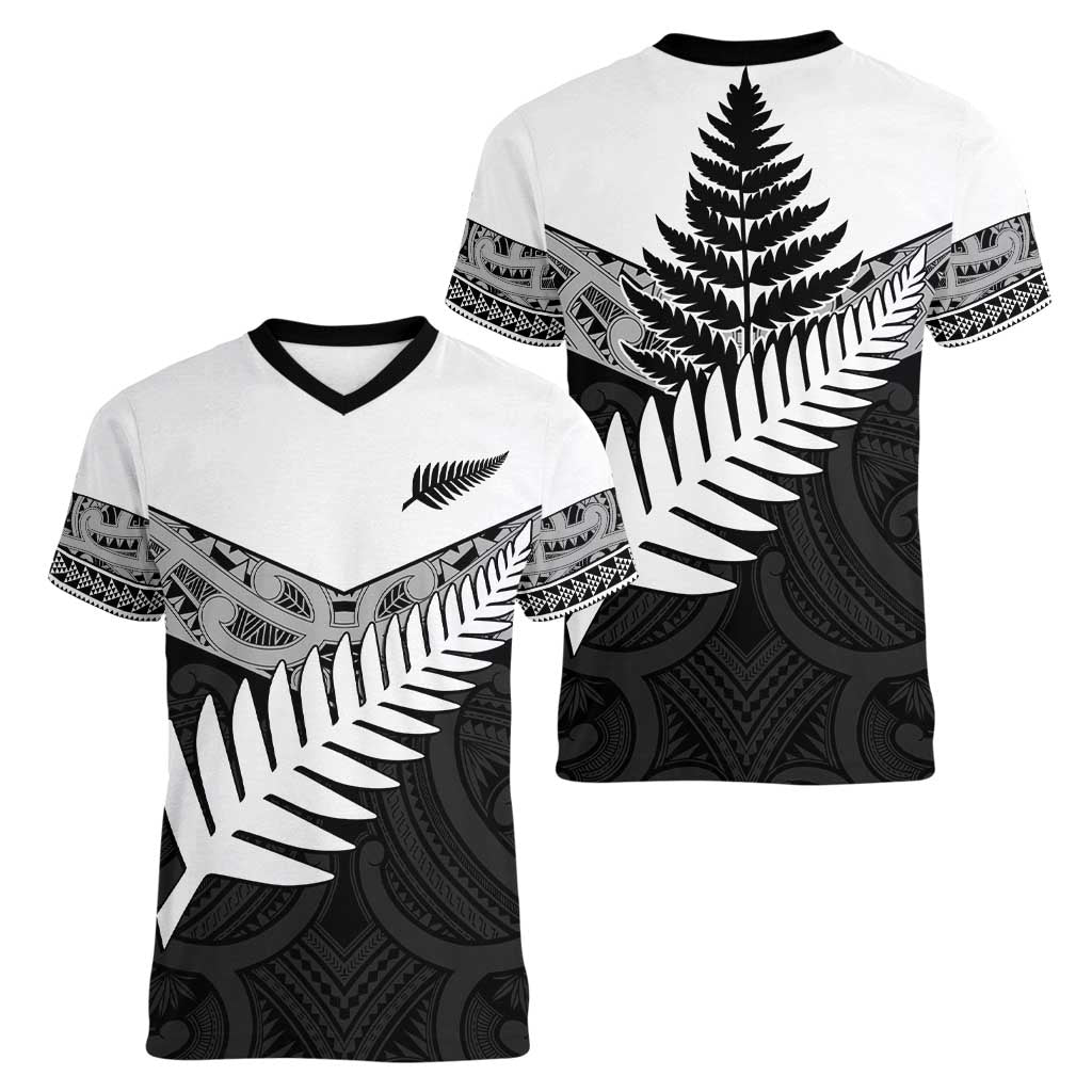 New Zealand Silver Fern Women V-Neck T-Shirt Maori Koru Mixed Taniko Pattern LT9 - Polynesian Pride