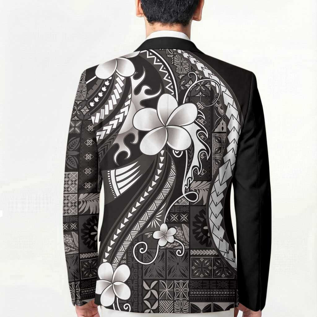 Samoa Siapo Tribal Pattern Blazer Black Polynesian Plumeria Tapa Motif