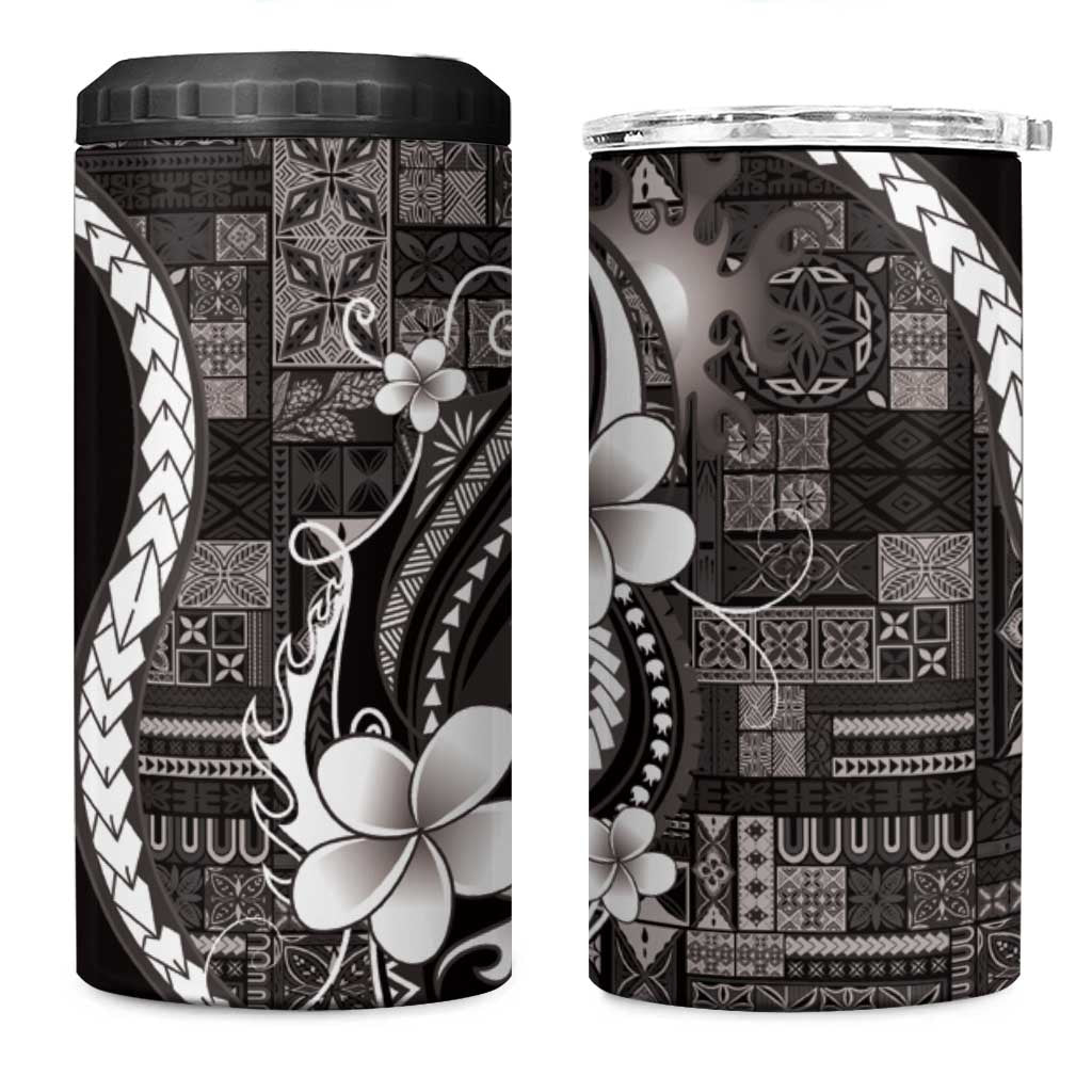 Samoa Siapo Tribal Pattern 4 in 1 Can Cooler Tumbler Black Polynesian Plumeria Tapa Motif