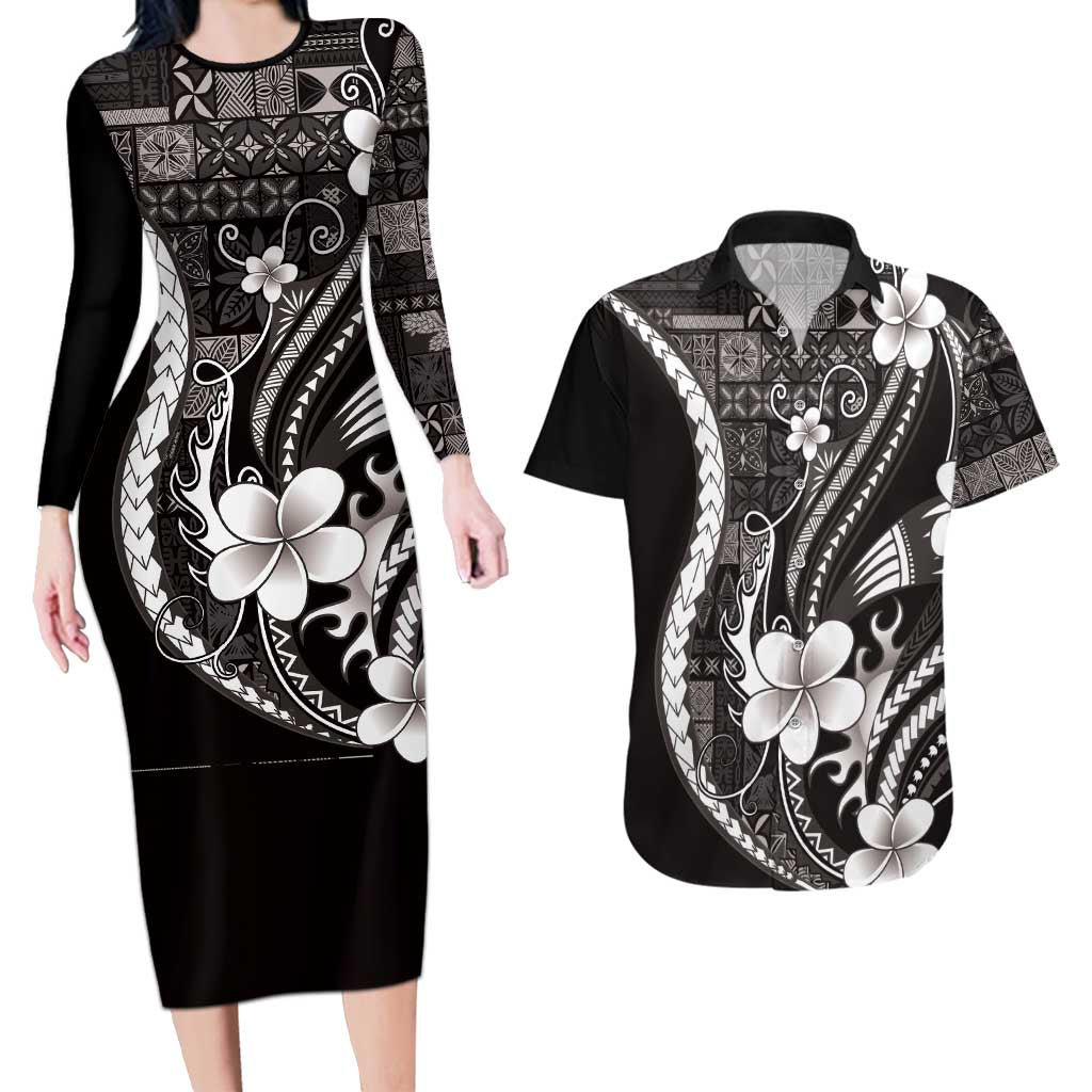 Samoa Siapo Tribal Pattern Couples Matching Long Sleeve Bodycon Dress and Hawaiian Shirt Black Polynesian Plumeria Tapa Motif