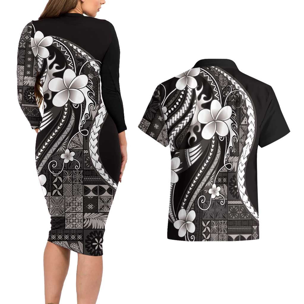 Samoa Siapo Tribal Pattern Couples Matching Long Sleeve Bodycon Dress and Hawaiian Shirt Black Polynesian Plumeria Tapa Motif LT9 - Polynesian Pride