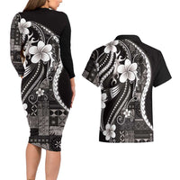 Samoa Siapo Tribal Pattern Couples Matching Long Sleeve Bodycon Dress and Hawaiian Shirt Black Polynesian Plumeria Tapa Motif LT9 - Polynesian Pride