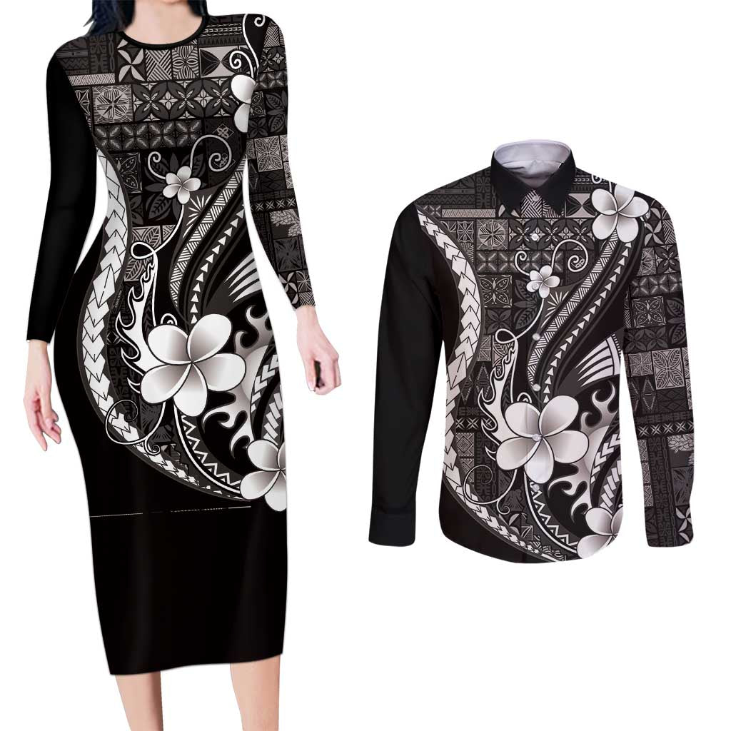 Samoa Siapo Tribal Pattern Couples Matching Long Sleeve Bodycon Dress and Long Sleeve Button Shirt Black Polynesian Plumeria Tapa Motif LT9 Black - Polynesian Pride