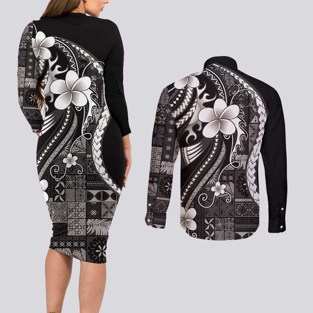 Samoa Siapo Tribal Pattern Couples Matching Long Sleeve Bodycon Dress and Long Sleeve Button Shirt Black Polynesian Plumeria Tapa Motif LT9 - Polynesian Pride