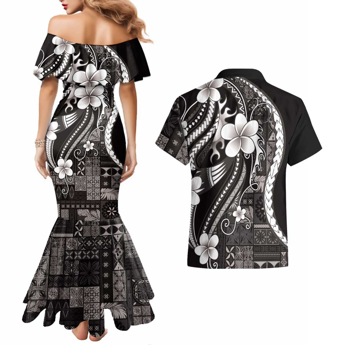 Samoa Siapo Tribal Pattern Couples Matching Mermaid Dress and Hawaiian Shirt Black Polynesian Plumeria Tapa Motif LT9 - Polynesian Pride