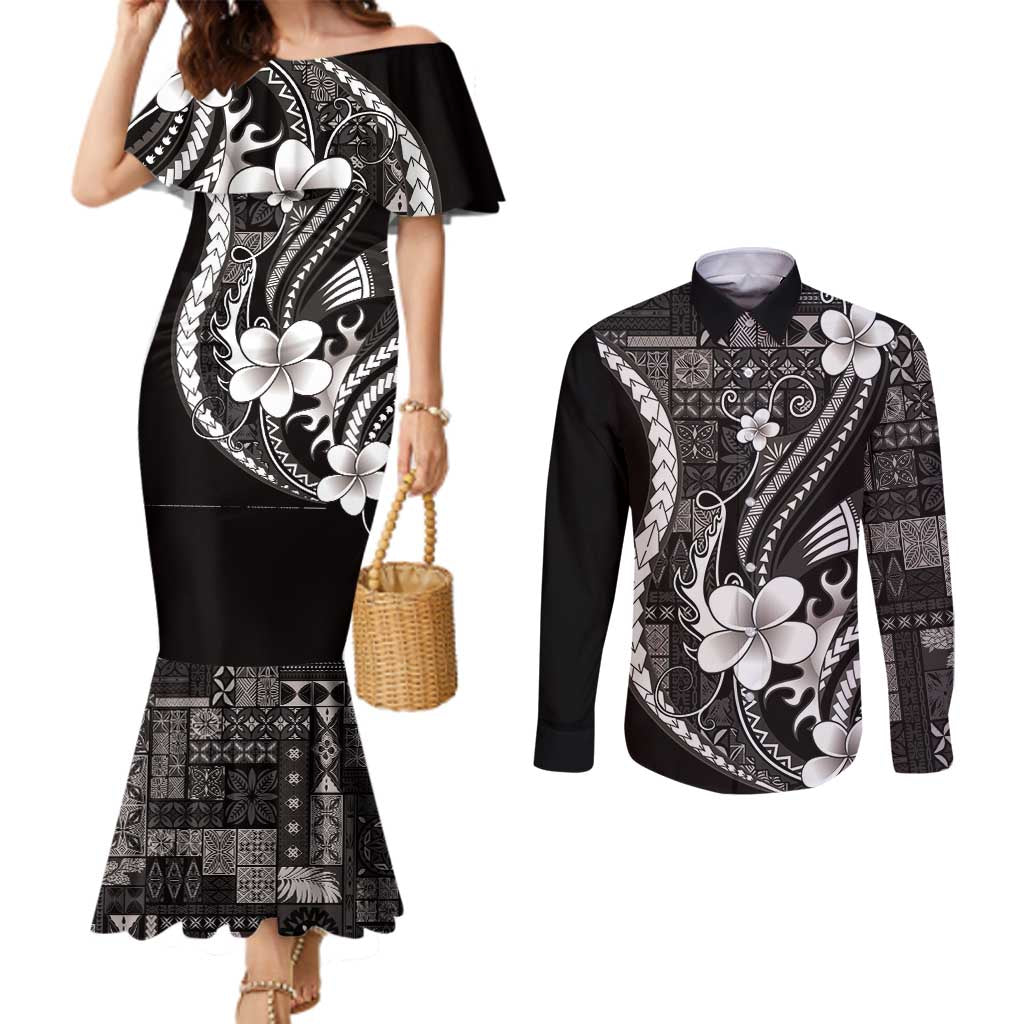 Samoa Siapo Tribal Pattern Couples Matching Mermaid Dress and Long Sleeve Button Shirt Black Polynesian Plumeria Tapa Motif