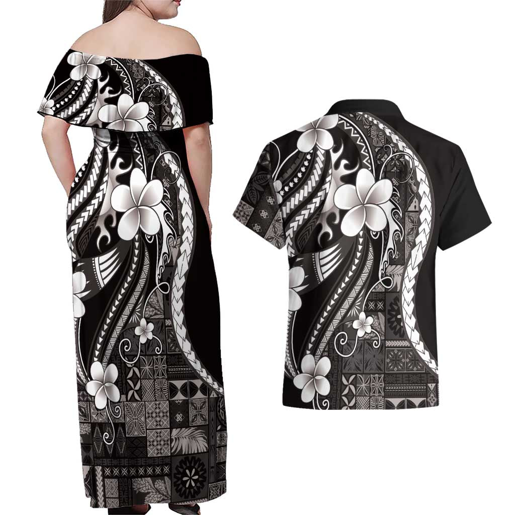 Samoa Siapo Tribal Pattern Couples Matching Off Shoulder Maxi Dress and Hawaiian Shirt Black Polynesian Plumeria Tapa Motif LT9 - Polynesian Pride