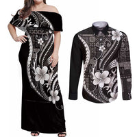 Samoa Siapo Tribal Pattern Couples Matching Off Shoulder Maxi Dress and Long Sleeve Button Shirt Black Polynesian Plumeria Tapa Motif