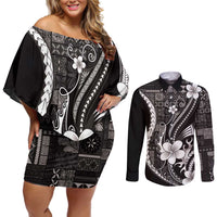Samoa Siapo Tribal Pattern Couples Matching Off Shoulder Short Dress and Long Sleeve Button Shirt Black Polynesian Plumeria Tapa Motif LT9 Black - Polynesian Pride