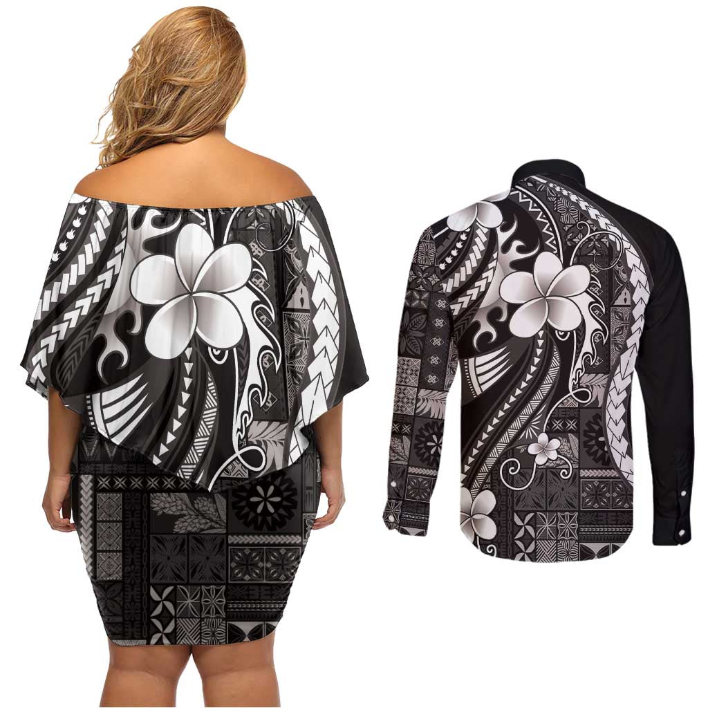 Samoa Siapo Tribal Pattern Couples Matching Off Shoulder Short Dress and Long Sleeve Button Shirt Black Polynesian Plumeria Tapa Motif LT9 - Polynesian Pride