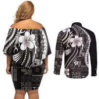 Samoa Siapo Tribal Pattern Couples Matching Off Shoulder Short Dress and Long Sleeve Button Shirt Black Polynesian Plumeria Tapa Motif LT9 - Polynesian Pride