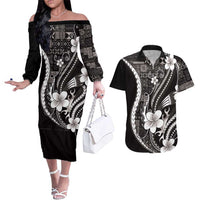 Samoa Siapo Tribal Pattern Couples Matching Off The Shoulder Long Sleeve Dress and Hawaiian Shirt Black Polynesian Plumeria Tapa Motif LT9 Black - Polynesian Pride