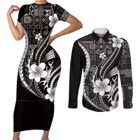 Samoa Siapo Tribal Pattern Couples Matching Short Sleeve Bodycon Dress and Long Sleeve Button Shirt Black Polynesian Plumeria Tapa Motif LT9 Black - Polynesian Pride