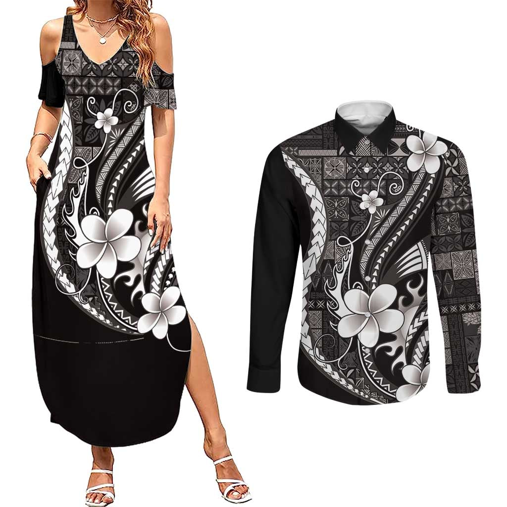 Samoa Siapo Tribal Pattern Couples Matching Summer Maxi Dress and Long Sleeve Button Shirt Black Polynesian Plumeria Tapa Motif