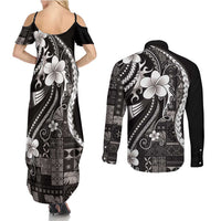 Samoa Siapo Tribal Pattern Couples Matching Summer Maxi Dress and Long Sleeve Button Shirt Black Polynesian Plumeria Tapa Motif
