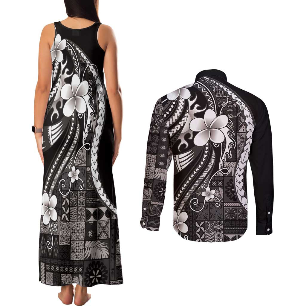 Samoa Siapo Tribal Pattern Couples Matching Tank Maxi Dress and Long Sleeve Button Shirt Black Polynesian Plumeria Tapa Motif LT9 - Polynesian Pride