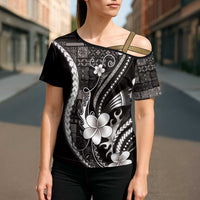 Samoa Siapo Tribal Pattern Cross Shoulder Shirt Black Polynesian Plumeria Tapa Motif
