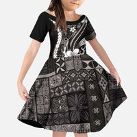 Samoa Siapo Tribal Pattern Family Matching Off The Shoulder Long Sleeve Dress and Hawaiian Shirt Black Polynesian Plumeria Tapa Motif LT9 Daughter's Dress Black - Polynesian Pride