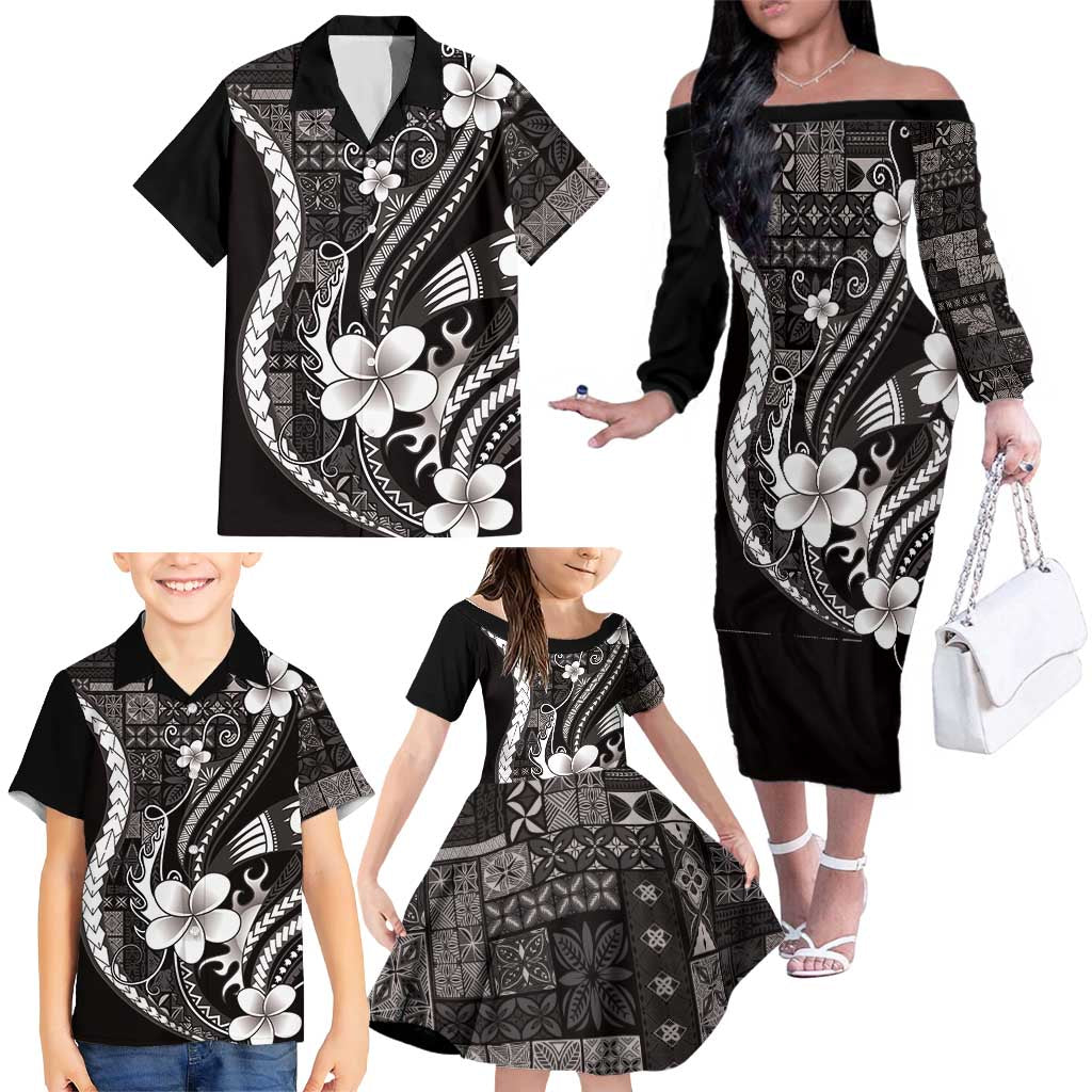 Samoa Siapo Tribal Pattern Family Matching Off The Shoulder Long Sleeve Dress and Hawaiian Shirt Black Polynesian Plumeria Tapa Motif LT9 - Polynesian Pride