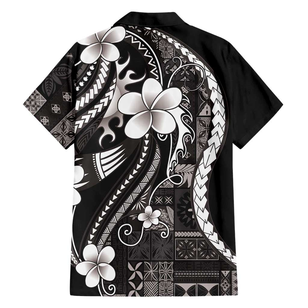 Samoa Siapo Tribal Pattern Family Matching Off The Shoulder Long Sleeve Dress and Hawaiian Shirt Black Polynesian Plumeria Tapa Motif LT9 - Polynesian Pride