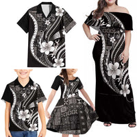 Samoa Siapo Tribal Pattern Family Matching Off Shoulder Maxi Dress and Hawaiian Shirt Black Polynesian Plumeria Tapa Motif LT9 - Polynesian Pride