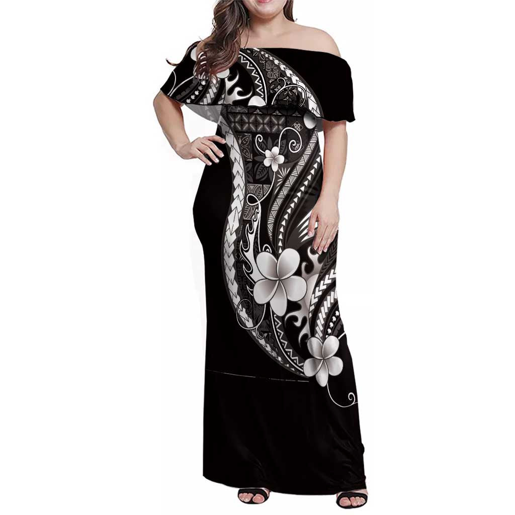 Samoa Siapo Tribal Pattern Family Matching Off Shoulder Maxi Dress and Hawaiian Shirt Black Polynesian Plumeria Tapa Motif LT9 Mom's Dress Black - Polynesian Pride