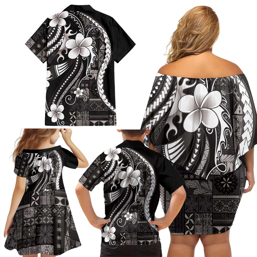 Samoa Siapo Tribal Pattern Family Matching Off Shoulder Short Dress and Hawaiian Shirt Black Polynesian Plumeria Tapa Motif LT9 - Polynesian Pride