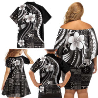 Samoa Siapo Tribal Pattern Family Matching Off Shoulder Short Dress and Hawaiian Shirt Black Polynesian Plumeria Tapa Motif LT9 - Polynesian Pride