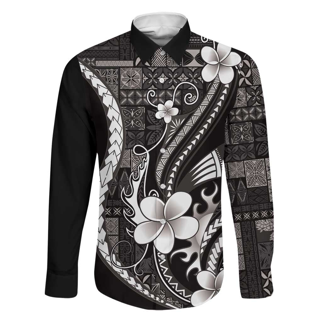 Samoa Siapo Tribal Pattern Family Matching Off Shoulder Short Dress and Hawaiian Shirt Black Polynesian Plumeria Tapa Motif LT9 Dad's Shirt - Long Sleeve Black - Polynesian Pride