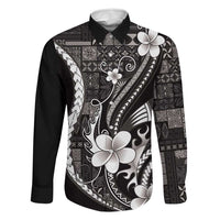 Samoa Siapo Tribal Pattern Family Matching Off Shoulder Short Dress and Hawaiian Shirt Black Polynesian Plumeria Tapa Motif LT9 Dad's Shirt - Long Sleeve Black - Polynesian Pride